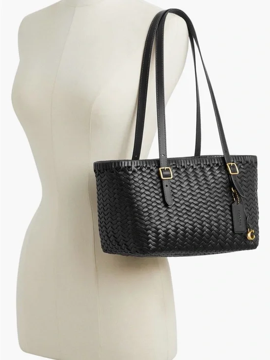 NWT Coach Black Woven Leather SwingTote with Brushed Brass Hardware - Picture 2 of 10